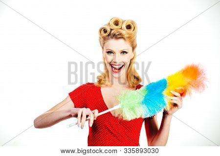 Sexy Girl Cleaning Retro Or Pinup Woman Isolated On White. Cleaning Lady With A Pipidaster In The Ha