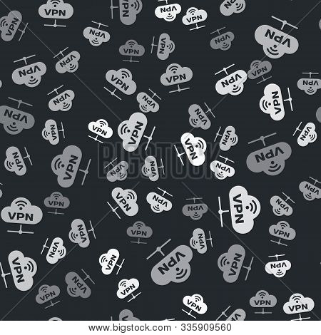 Grey Vpn Network Cloud Connection Icon Isolated Seamless Pattern On Black Background. Social Technol