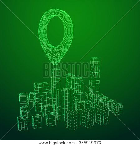 Geo Map Pin On Mesh Low Poly Wireframe Cubes Array Like Skyscraper City. Connected Lines Town. Conne