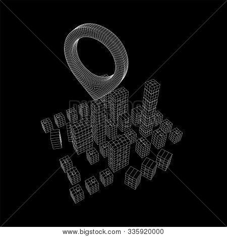 Geo Map Pin On Mesh Low Poly Wireframe Cubes Array Like Skyscraper City. Connected Lines Town. Conne