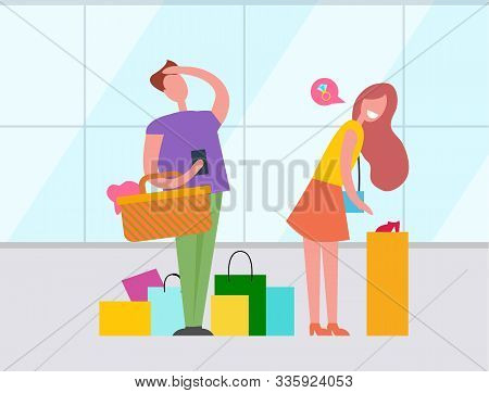 Woman And Man With Many Colorfur Paper Bags Shopping In Department Store, Couple Buying Things In Sh