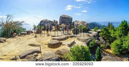Miyajima, Japan - October 13, 2019: Panoramic View Of The Top Of Mount Misen, With Visitors, In Miya