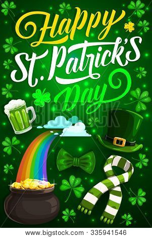 Happy St Patrick Day Vector Design Of Irish Holiday Shamrock, Leprechaun Gold And Hat. Green Beer, L