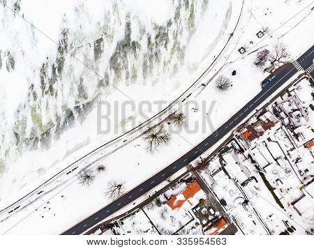 Aerial Winter Landscape Of The Baltic Sea And Frozen Curonian Lagoon Near The Town Of Nida