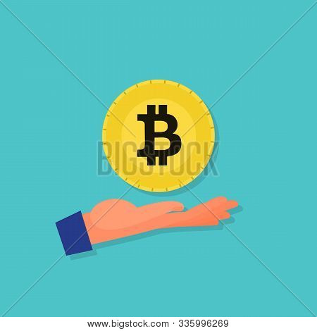 Bitcoin Floating Over Caucasian Human Hand Palm. Blue Background. Flat Style Stock Vector