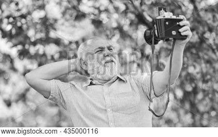 Self Portrait. Memories In Snap. Retro Equipment For Taking Photo. Sharing His Knowledge Making Good