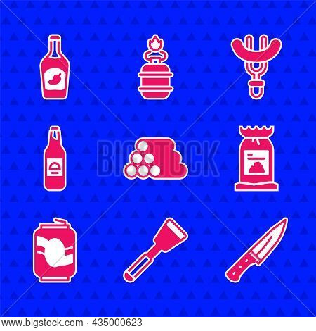 Set Wooden Logs, Spatula, Meat Chopper, Barbecue Coal Bag, Soda Can, Beer Bottle, Sausage On The For