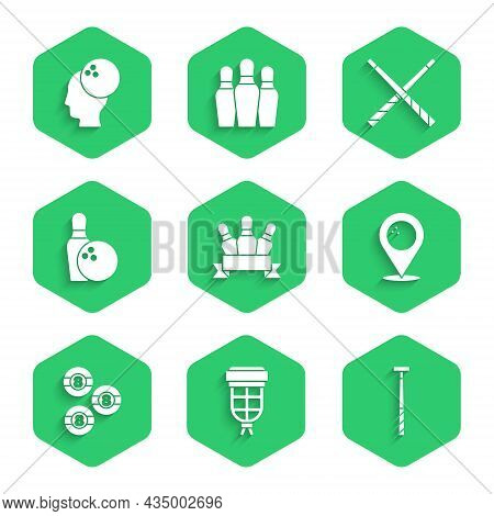 Set Bowling Pin, Billiard Pocket, Cue, Location With Bowling Ball, And, Crossed Billiard Cues And Ic