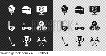 Set Golf Ball On Tee, Label, Club, Award Cup With Golf, Flag, And Hole Icon. Vector