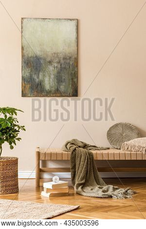 Minimalistic Compositon With Wooden Vintage Commode, Brown Mock Up Photo Frame, Avocado Plant, Plant