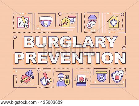 Burglary Prevention Word Concepts Banner. Home Protection. Infographics With Linear Icons On Orange 