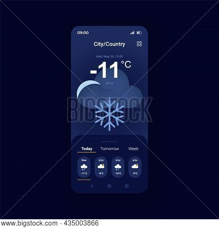 Winter Weather Forecast Night Mode Smartphone Interface Vector Template. Cloudy And Snowy Night. Mob