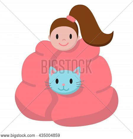 Funny Cartoon Girl And Her Cat Sitting Under The Warm Blanket At Home. Flat Style Illustration For S