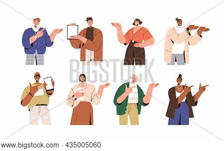 Happy People Pointing At Smth With Fingers, Showing And Introducing Product With Hand Gesture. Prese