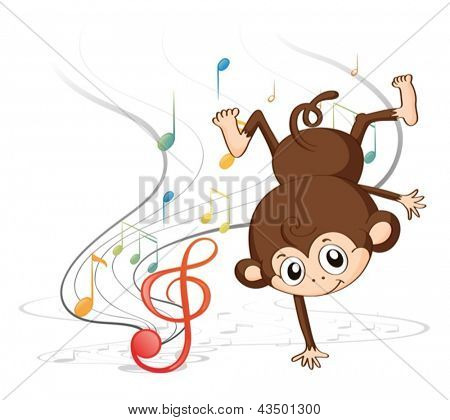 Illustratie van een aap dansen met muzikale noten op een witte achtergrond