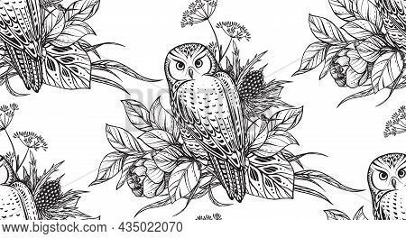 Vector Beautiful Seamless Pattern. Romantic Elegant Endless Background With Hand Drawn Totem Owls