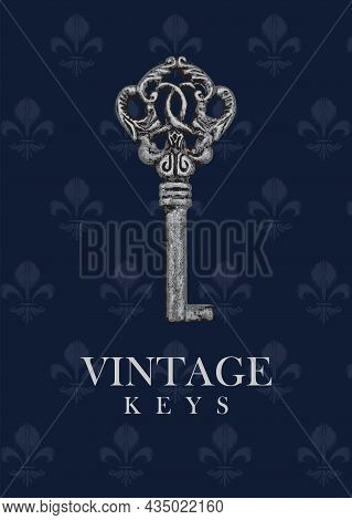 Vector Banner With Vintage Silver Key On A Dark Blue Background With Fleur De Lises. Antique Key For