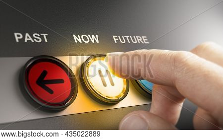 Man Pressing A Yellow Button With The Word Now Printed On The Top, To Stop The Time And Live In The 