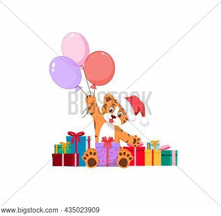 A Cute Tiger In A Santa Claus Hat Holds A Gift And Colorful Balloons In Its Paws. Present. Isolated 