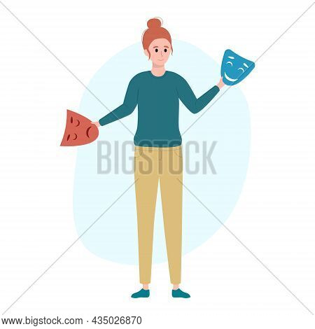 Girl With Two Masks Happy And Sad. Psychological Issues. Mental Illness And Problem. Anxiety, Depres