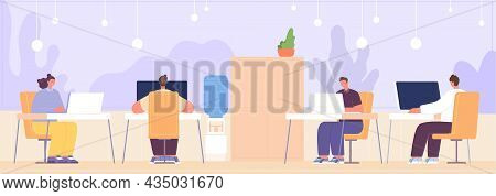 Business People Working. Manager Daily Life, Person Sit At Desk With Computers. Job Project Process,