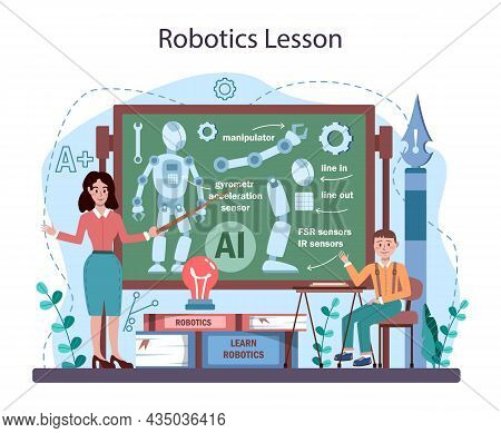 Robotics School Subject. Students Learning Robot Components