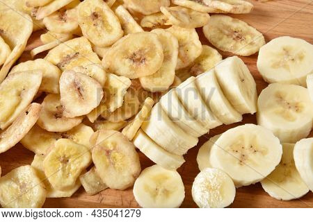 Dried Banana Chips Fried In Coconut Oil.
