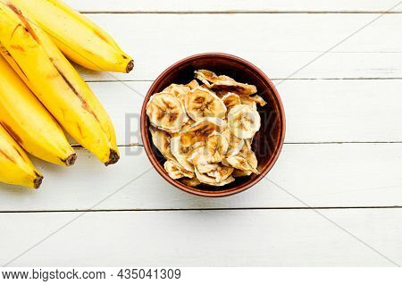 Dried Banana Chips Fried In Coconut Oil.