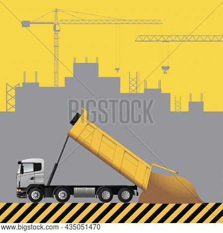 Dump Truck. Construction Machinery On The Background Of A Building Under Construction. Flat Vector I