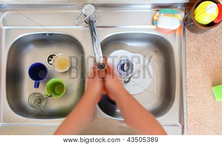 Washing-up Bowl Person Cleaning The Kitchen Sink