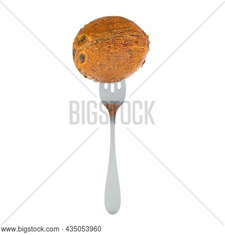 Coconut Fruit On Fork, 3d Rendering Isolated On White Background