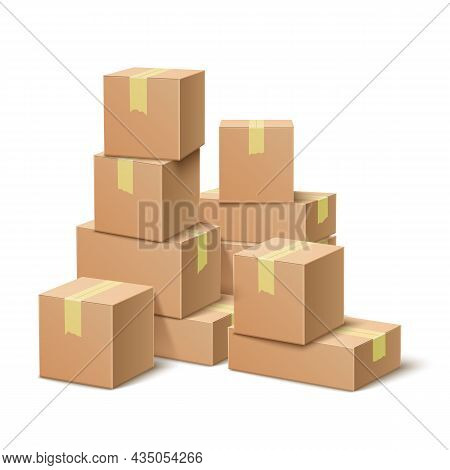 Cardboard Boxes Stack. Realistic Paper Containers Group, Post Delivery Packaging With Tape, Big Pile