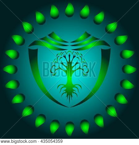 Stylized Symbol In The Form Of A Shield And A Tree In Dark Green Shades For Prints On Stickers, Labe