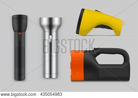 Realistic Night Flashlight Set Vector Modern Device For Searching In Dark Electric Lamps Security
