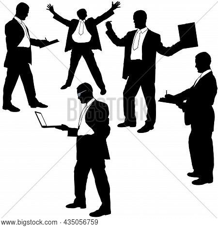 Set Of Businessman Silhouettes - Black Illustrations Isolated On White Background, Vector