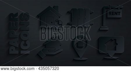 Set Location With House, Hanging Sign Rent, Realtor, Heating Radiator And House Under Protection Ico
