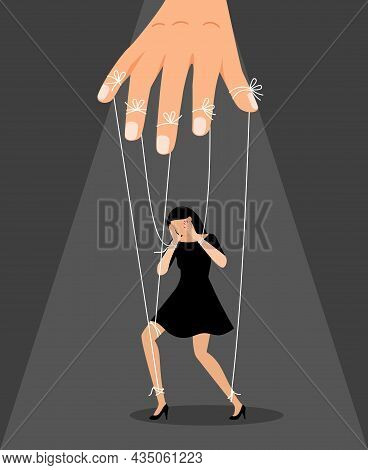 Woman Puppet Doll. Master Puppeteer With Girl Toy On Ropes, Women Relationships Manipulation Vector 