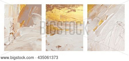 Art acrylic and watercolor smear blot painting. Interior abstract triptych. Beige, brown and gold color canvas texture horizontal background.