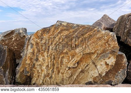 Seascape With Huge Granite Boulders On The Black Sea Coast. Coast In Blocks Of Granite