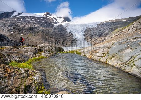 Mountain Glacier In Alpine Valley. Schlaten Glacier, German: Schlatenkees, Hohe Tauern National Park