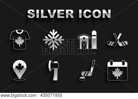 Set Wooden Axe, Ice Hockey Sticks, Canada Day With Maple Leaf, And Puck, Canadian, Farm House, Hocke