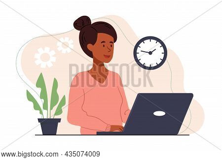 Freelancer Sitting Behind Laptop. Cute Girl Working From Home, Free Schedule. Online Distant Work, I