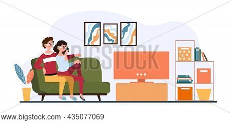 Couple Watching Tv. Man And Girl Hugging On Sofa, Romantic Evening. Stay At Home, Quarantine, Selfis