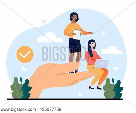 Giant Hands Holding Women. Girlfriends Sit On Big Palm, International Friendship. Employee Care, Awa