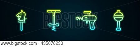 Set Line Toy Horse, Pogo Stick Jumping Toy, Ray Gun And Rattle Baby. Glowing Neon Icon. Vector