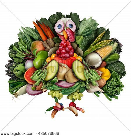 Vegan Turkey And Funny Vegetarian Thanksgiving Harvest Symbol As Vegetables Fruit Nuts And Berries S