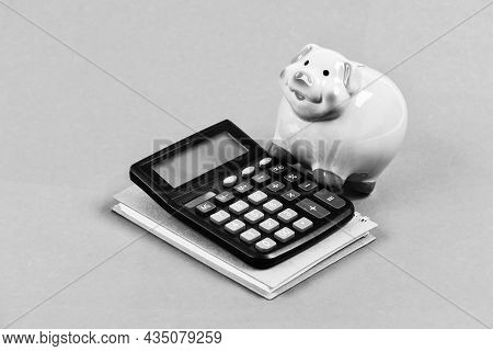 Calculate Profit. Piggy Bank Pink Pig And Calculator. Finance Manager Job Position. Economics And Fi