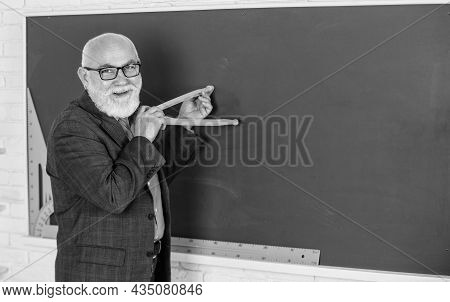 Senior Man Teacher Use Compass Tool. Bearded Tutor Man Draw With Compass On Blackboard. Back To Scho