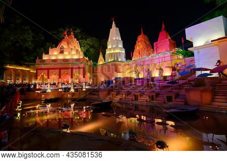 Kolkata, West Bengal, India - October 8th, 2019 : Benaras Ghat Beside River Ganga. Night Image Of De