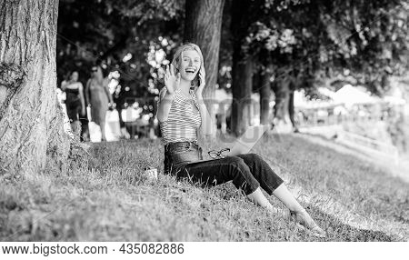 Girl Laptop Outdoors. Being Outdoors Exposes Workers To Fresher Air And Environmental Variations Mak